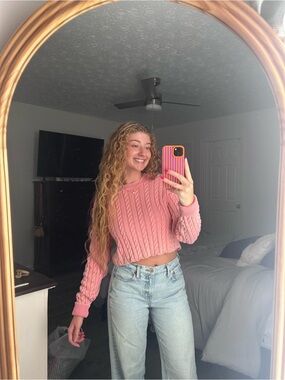 aerie Pink Cable Knit Cropped Crewneck Sweater